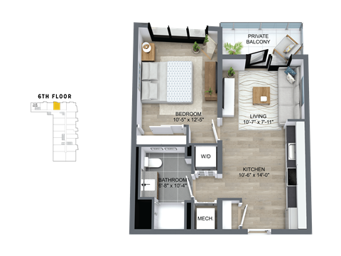 Floor plan for 1 bed, 1 bath, 586 sqft